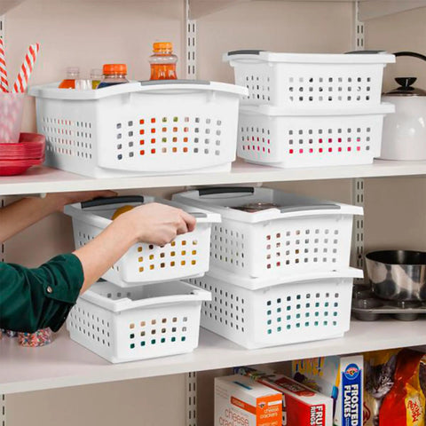 10 Pack Medium Stacking Baskets With Open Top For Grab And Go Storage white plastic crates organized on pantry shelves