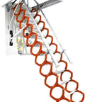 Heavy Duty Aluminum Attic Ladder Pull Down Ceiling Access With Non Slip Steps Folding Telescopic Design seen from below with orange handles.