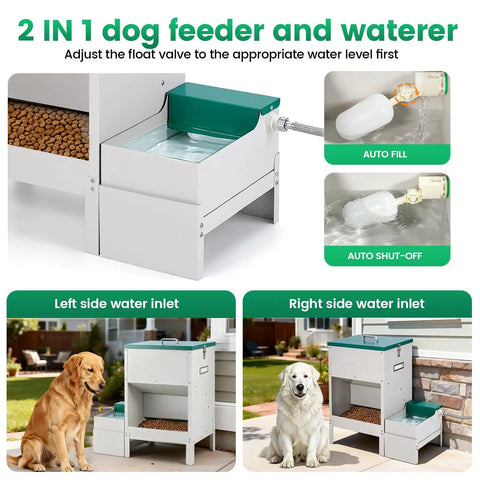 2-in-1 dog feeder and waterer showing automatic fill feature; part of No Sweat Elevated Dog Feeding Station With Heavy Duty Metal Gravity Bowl.