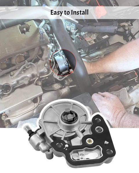 Brake vacuum pump installed in GM 1.4L/1.5L engine bay; metallic silver unit