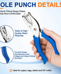 Four Piece Mini Hole Punch Kit With Comfy Soft Grip Handles 1/4 And 1/8 Inch Sizes In Solid Bright Shades, blue grip in use.