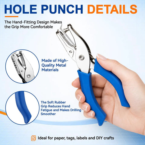 Four Piece Mini Hole Punch Kit With Comfy Soft Grip Handles 1/4 And 1/8 Inch Sizes In Solid Bright Shades, blue grip in use.