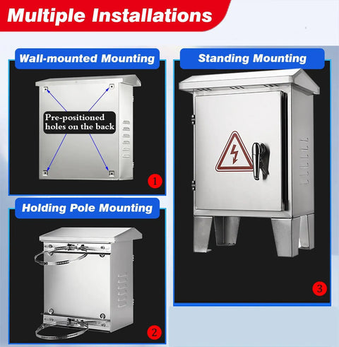 Floor Standing Electrical Box Enclosure For Outdoor All Weather Safety Junction Box, Waterproof Dustproof Cable Power Case With Hinges And Sealing Strip, 304 Stainless Steel, 32 x 24 x 12 Inches, Wall Or Floor Mount shown standing mounted