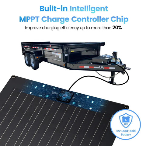 Close-up of 20W Solar Panel Kit with Built In Maintenance Pulse and Smart MPPT Charge Controller mounted on a dump trailer.