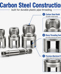 Essential 3 Pvc Pipe Threader Set With 1/2 Inch, 3/4 Inch, And 1 Inch Durable Alloy Steel Heads showcasing sharp threading teeth.