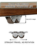 Built Tough 0.5 Inch Double Roller Mini Caster Wheels With Flat Steel Mount, showing ultra-thin design under furniture.