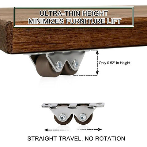 Built Tough 0.5 Inch Double Roller Mini Caster Wheels With Flat Steel Mount, showing ultra-thin design under furniture.
