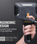 Hand holding Four Way Articulating Borescope With Dual Lens Endoscope, ergonomic design, shows controls and flexible probe connection.