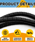 3 Pack Spiral Wrap Cable Protector For Cables And Hoses With 1/4 Inch, 1/2 Inch, And 3/8 Inch Outer Diameters With 25 Foot Pre Cut Lengths To Shield Hydraulic And Pneumatic Hoses Black showcasing wear and corrosion resistance features