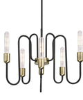 Six-Light Indoor Chandelier in Matte Black with Antique Brass Accents, sloped-ceiling ready, 23.5-inch diameter, easy install