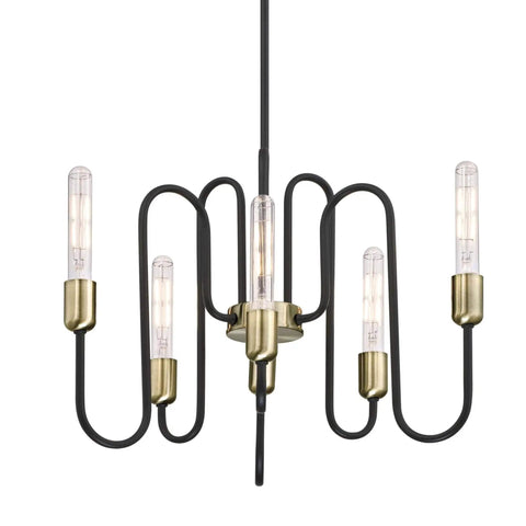 Six-Light Indoor Chandelier in Matte Black with Antique Brass Accents, sloped-ceiling ready, 23.5-inch diameter, easy install