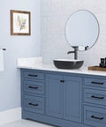 Round Vessel Sink 16x16 Inches For Bathroom Above-Counter Ceramic Basin, Dope Modern Black Or White Vessel Sink, Durable Handcrafted Ceramic Art Basin For Slick, Stylish Bathrooms in a modern bathroom with blue vanity.