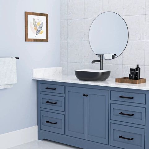 Round Vessel Sink 16x16 Inches For Bathroom Above-Counter Ceramic Basin, Dope Modern Black Or White Vessel Sink, Durable Handcrafted Ceramic Art Basin For Slick, Stylish Bathrooms in a modern bathroom with blue vanity.