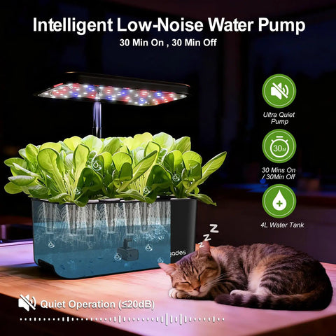Indoor Hydroponics Growing System For Herbs And Vegetables, 10 Pod Kit with LED lights and water pump, cat sleeping next to garden
