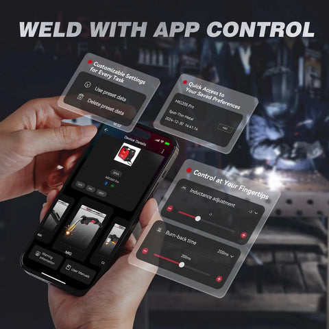 App control screen of Six In One MIG Welder 205A 120V 240V with customizable settings for welding projects.