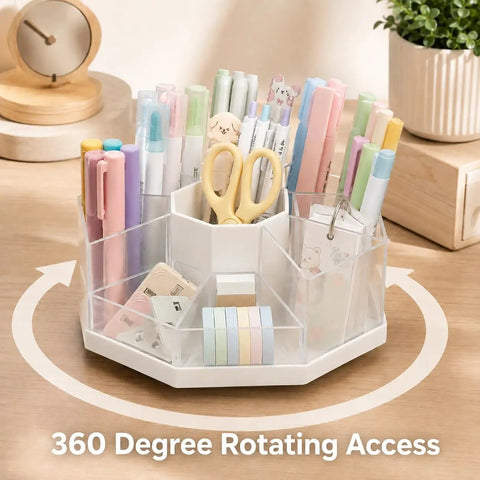 Spin It Desk Organizer With 360 Degree Rotation Nine Removable Compartments Detachable Pencil Holder on wooden desk