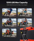 Heavy Duty Motorcycle Lift Stand With 1200 Lbs Capacity diagram showing various motorcycles supported by the scissor jack.