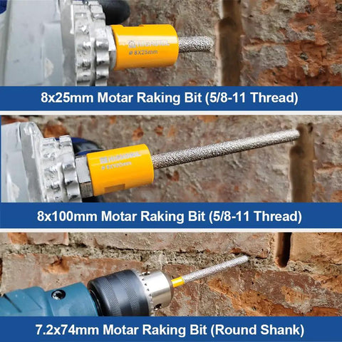 Diamond Mortar Raking Bit, Two-Piece Set, 5/16In X 1In Bits (8Mm X 25Mm), 5/8-11 Thread, in use on brick surface
