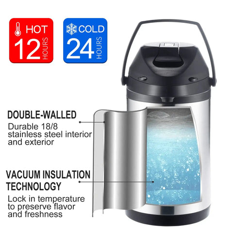Large Capacity Thermal Airpot Coffee Carafe 101 Oz with Lever Action Pump and 3 Cups, vacuum insulated double-walled design.