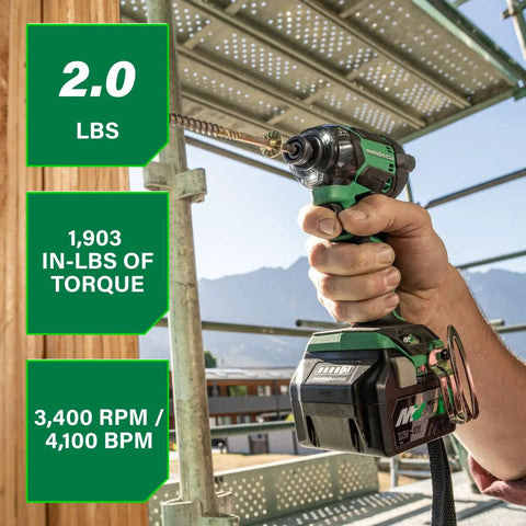 36V MultiVolt Cordless Triple Hammer BOLT Impact Driver Kit with Case in use, showing torque and BPM stats, outdoor setting
