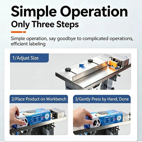 Semi Automatic PLC Corner Labeler Machine With Touch Screen Control For 25To30mm Boxes showing simple three-step operation process.