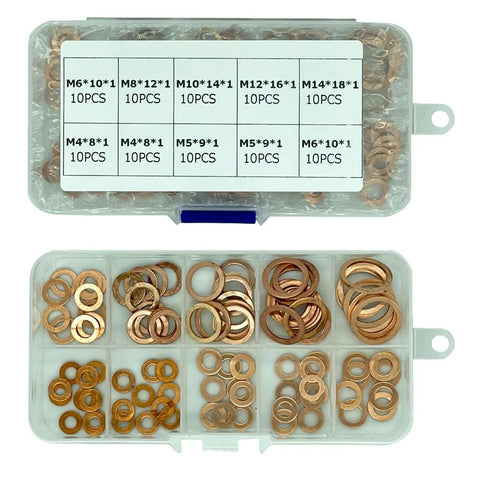 100 Piece Copper Washer Gasket Set For Auto And DIY Projects Box Included DIY Ready Flat Seal Kit M4 To M14 Sizes