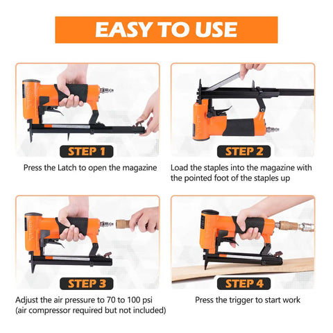 Step-by-step guide for using a 21 Gauge Pneumatic Upholstery Stapler With Continuous Firing Mode For 80 Series Staples Half Inch Crown Air Powered Fine Wire Stapler For DIY Renovation And Furniture Projects And More