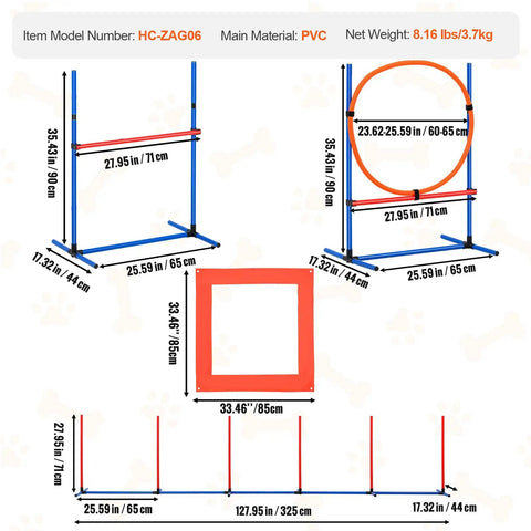 Diagram of All In One Dog Agility Training Kit For Backyard Fun With Adjustable High Hurdles and Jump Ring dimensions