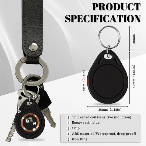 10 Pack M1 Classic 1K Key Fobs Proximity RFID Cards NFC Tags ISO14443A 13 56 MHz Black For Easy Entry Access Control System UID Unchangeable, showing detailed specifications with dimensions and material.