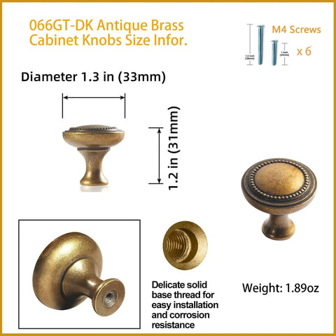 Slick Antique Brass Cabinet Knobs 6 Pack Solid Zinc Alloy Hardware Vintage Kitchen Drawer Knobs Size and Screw Details