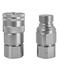 ISO 16028 hydraulic quick connect coupling with dust caps, rust resistant, heavy-duty carbon steel, compatible with major brands.