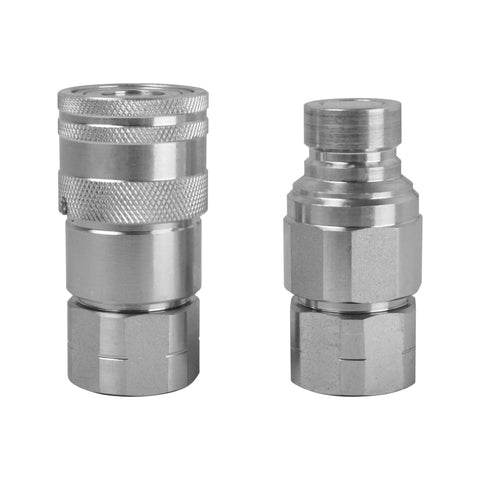 ISO 16028 hydraulic quick connect coupling with dust caps, rust resistant, heavy-duty carbon steel, compatible with major brands.