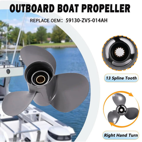 Aluminum Outboard Boat Propeller For 35 To 60 HP Motors Three Blade Right Hand Rotation Gearcase Thirteen Spline Diameter Eleven And One Eighth Inches Pitch Fourteen Inches shown by water