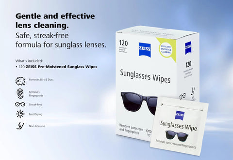 ZEISS Sunglasses Wipes, 120-count, pre-moistened lens cleaning; box and single-use sachet