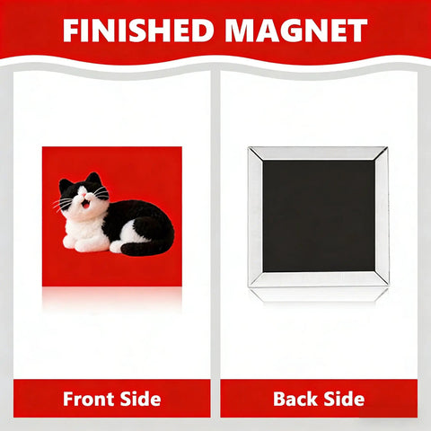 Front and back view of a finished magnet from Bulk 100 Sets Square Button Parts For Fridge Magnet Maker Machine Kit With Metal Lid.