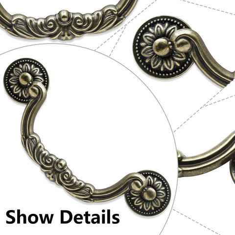 Close-up of 4 Pack Vintage Drop Bail Drawer Pulls Antique Bronze Cabinet Handles with floral design and 5-inch hole spacing.