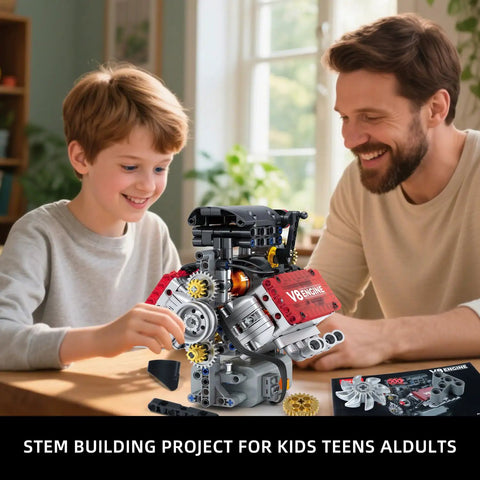 Father and son building V8 Engine Building Set That Runs Build Your Own 8 Cylinder Engine With Battery And Motor 478 Pieces STEM Toy