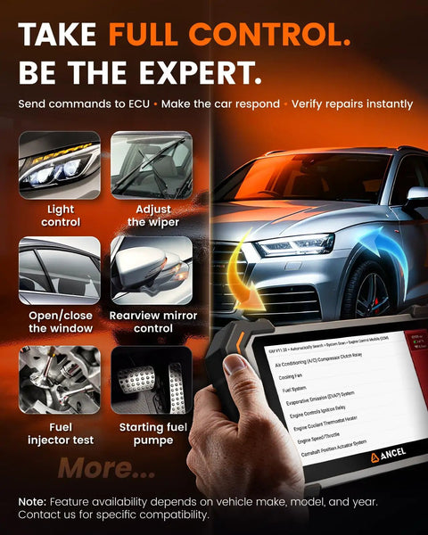 DS500BT Bidirectional Scan Tool For Full System Diagnostics interface showing various vehicle functions like light, wiper, and mirror control.
