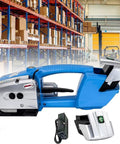 Heavy Duty Cordless Hot Melt Strapping Machine With Auto Heat Fusion Welding, Battery Powered Tool for quick box tying near pallet racks.