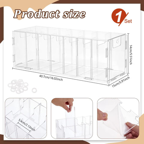 Top Shelf Slick Acrylic Belt Organizer With Removable Dust Cover Seven Compartment Clear Drawer Storage For Ties Belts Bow Tie Purse Socks showing product size and compartments