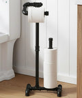 Rustic Farmhouse Toilet Paper Holder Stand With Reserve in black pipe style, holds jumbo rolls, round end cap, space-saving