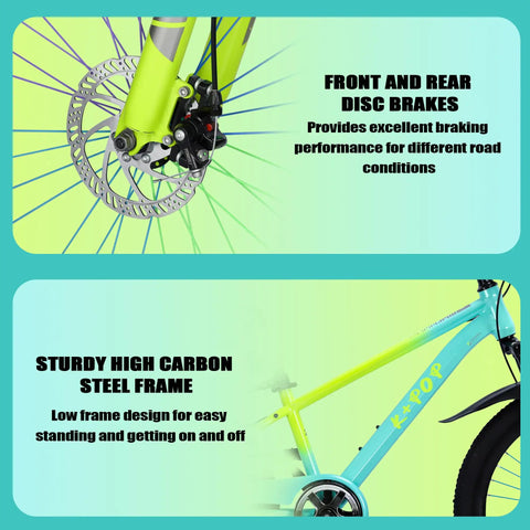 24 Inch Kids Mountain Bike For Boys And Girls Ages 8 To 12 With Front Suspension Fork Single Speed Design Front And Rear Disc Brakes Lightweight Youth Bicycle Adjustable Seat For Easy Stable Rides On Trails And Campus. Close-up on disc brakes and carbon steel frame.