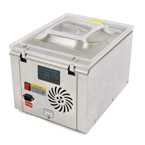 Heavy Duty Automatic Chamber Vacuum Sealer For Food Packaging And Sous Vide Cooking With Digital Display, stainless steel design, side view.