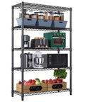 Heavy Duty 5-Tier Steel Storage Shelving Unit With 1750 Lb Capacity Wire Organizer Rack For Home Kitchen Garage And Office, 17.7 Inches Deep By 47.2 Inches Wide By 72.3 Inches High, Adjustable Shelves, filled with kitchen items