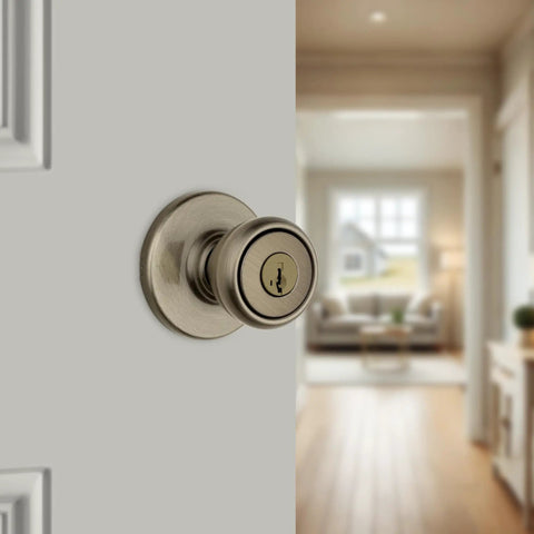 Tylo Entry Door Knob With Lock And Key For Exterior Doors Keyed Entry Handle For Front Entrance And Bedroom Antique Brass Finish