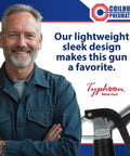 Man showcasing Typhoon High Volume Blow Gun With 24 Inch Extension for industrial cleanup with sleek design and branding.