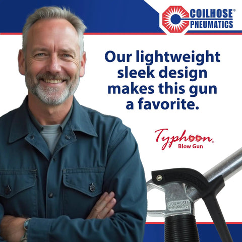 Man showcasing Typhoon High Volume Blow Gun With 24 Inch Extension for industrial cleanup with sleek design and branding.