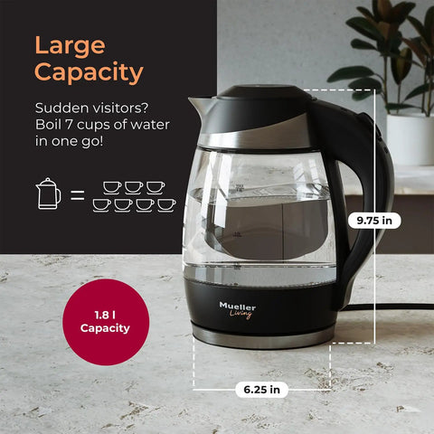 Fast Boil Electric Kettle Cordless With 1500W SpeedBoil No Fuss Quick Heat Borosilicate Glass Water Heater With Automatic Shutoff And LED Indicator BPA Free Tea And Coffee Kettle For Quick Hot Water displayed on countertop