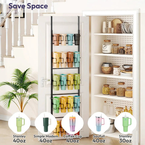 5 Tier Water Bottle Organizer Over The Door Cup Holder For Bulky Stanley Tumblers And Large Jugs, displayed on a pantry door