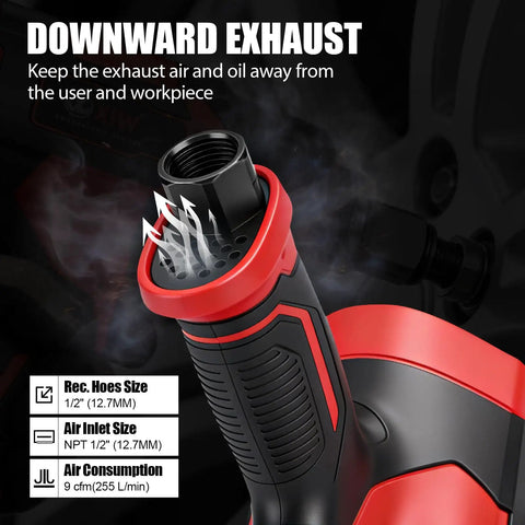 Professional 1 Inch Air Impact Wrench Equipped With A Heavy Duty Twin Hammer System showing downward exhaust design for effective air removal.